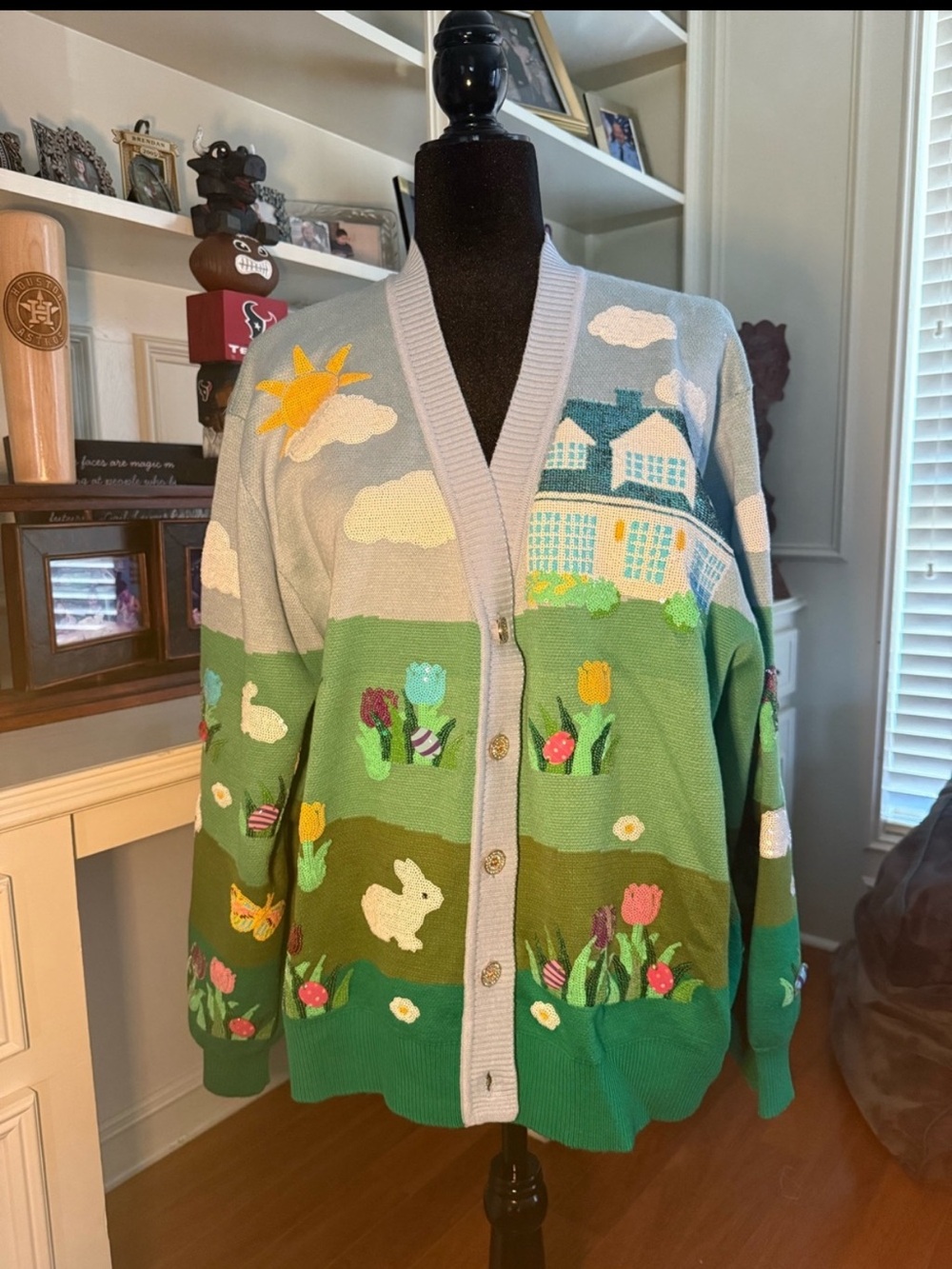 new QUEEN OF SPARKLES Light Blue & Green Embroidered Sequined Spring Cardigan - Picture 5 of 9